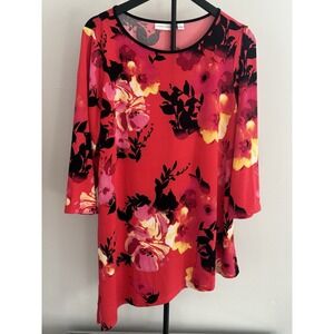 Susan Graver Floral Tunic Top L Red Pink Yellow Asym Hem Stretch Career Chic
